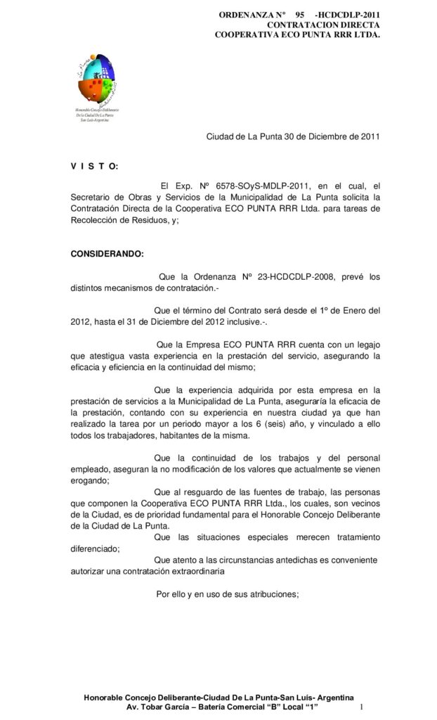thumbnail of ORDENANZA Nº 95 CONT DIRECTA-ECOPUNTA RECOLECCION