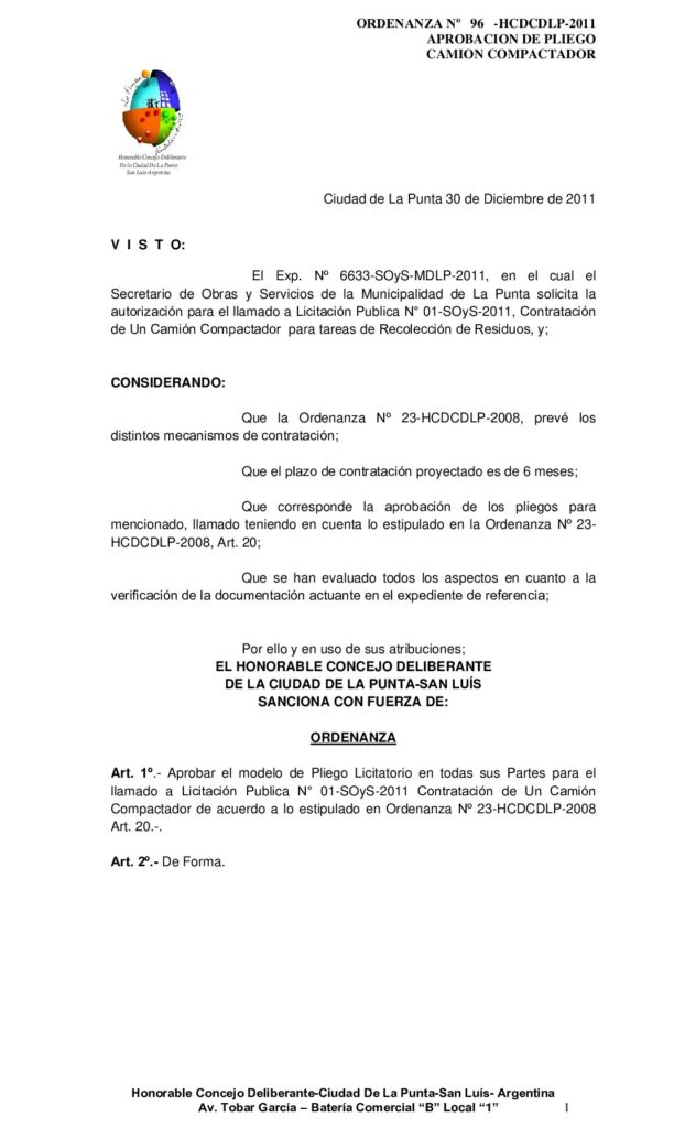 thumbnail of ORDENANZA Nº 96 PLIEGO LICITACION PUBLICA Nº 1 – CAMION COMPACTADOR