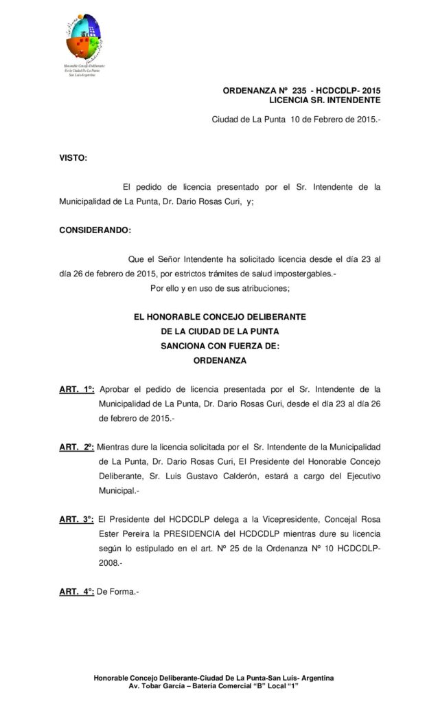 thumbnail of ORDENANZA N° 235 -LICENCIA SR. INTENDENTE ( 1° licencia del 2015)
