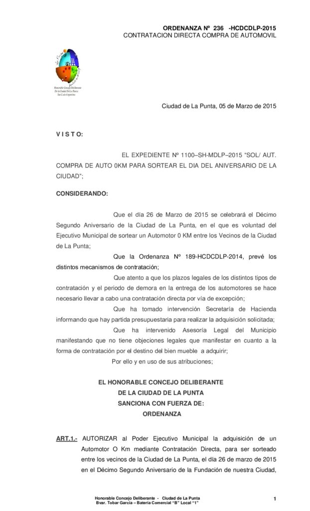thumbnail of ORDENANZA N° 236 – COMPRA AUTO PARA SORTEAR EN EL DECIMO SEGUNDO ANIVERSARIO DE LA PUNTA