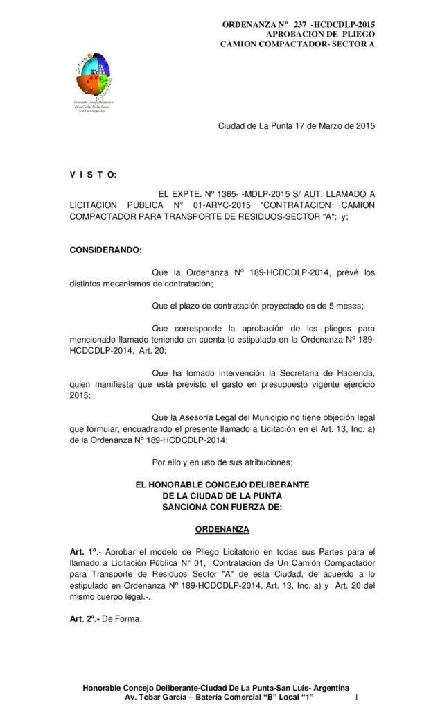 thumbnail of ORDENANZA N° 237 – APROBACION PLIEGO LIC PUBL Nº 01 CAMION COMPACTADOR SECTOR A