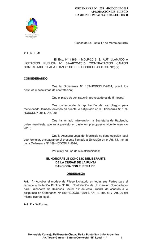 thumbnail of ORDENANZA N° 238 -APROBACION PLIEGO LIC PUBL Nº 02 CAMION COMPACTADOR SECTOR B