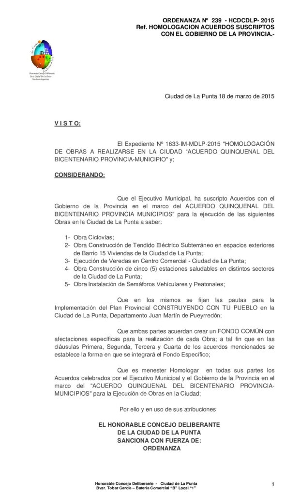 thumbnail of ORDENANZA N° 239 – CONVENIOS SUSCRIPTO CON GOBIERNO OBRAS VARIAS