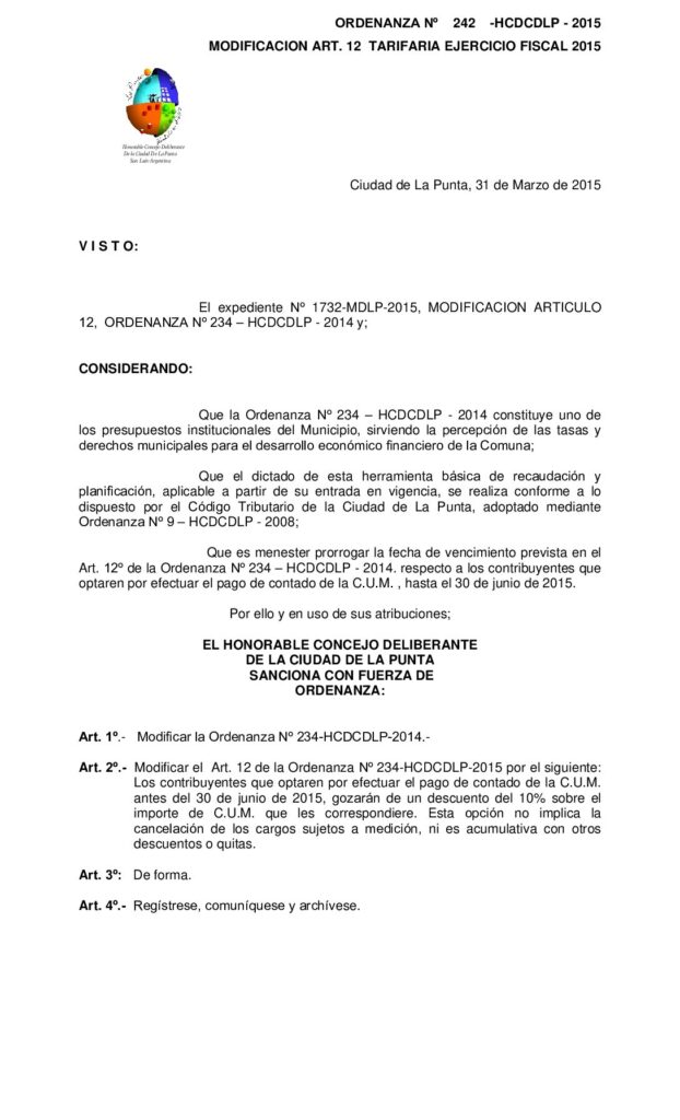 thumbnail of ORDENANZA N° 242 -MODIFICACION ART. 12 TARIFARIA EJERCICIO FISCAL 2015