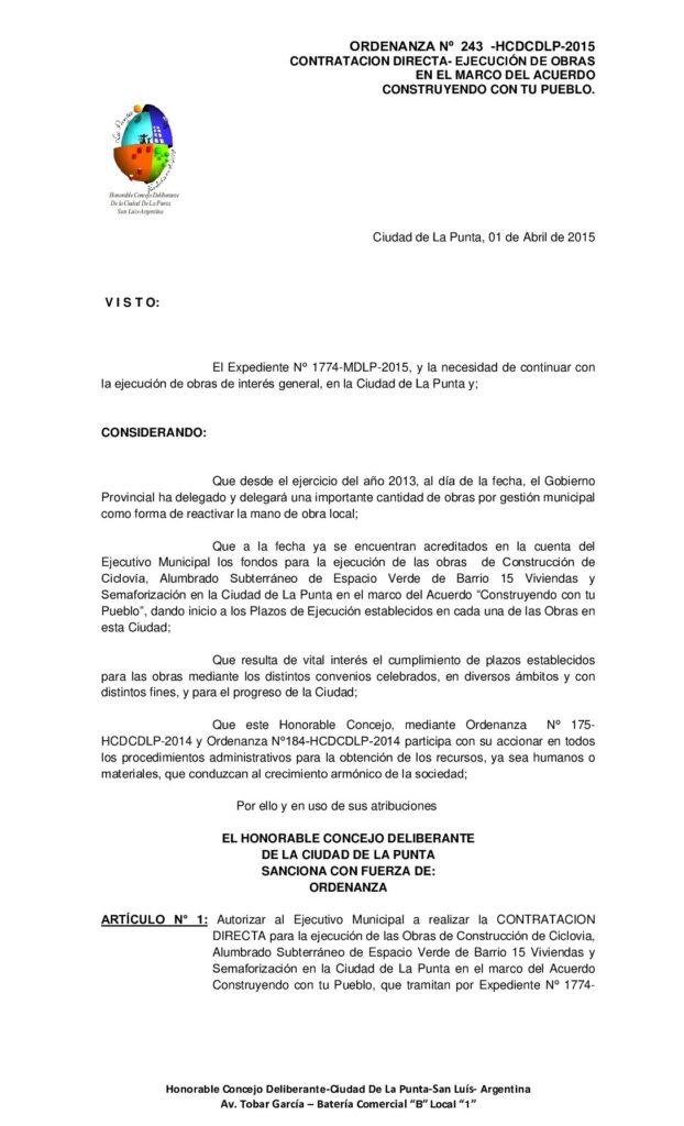 thumbnail of ORDENANZA N° 243- CONTRATACION DIRECTA SEMAFOROS CICLOVIA ALUMBRADO EN BARRIO 15 VIVIENDA