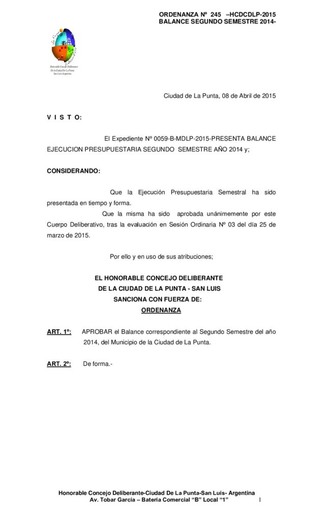thumbnail of ORDENANZA N° 245 – APROBACION BALANCE SEGUNDO SEMESTRE AÑO 2014
