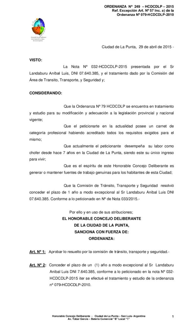 thumbnail of ORDENANZA N° 249- EXCEPCION LANDABURU ANIBAL CONDUCTOR DE TAXI