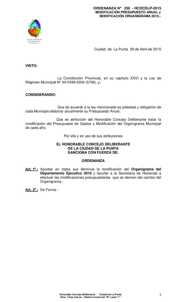 thumbnail of ORDENANZA N° 250- MODIFICACION ORGANIGRAMA Y MODIFICACION PRESUPUESTARIA