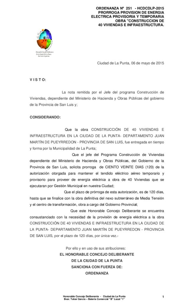 thumbnail of ORDENANZA N° 251 – AUTORIZACION PRORROGA TENDIDO ELECTRICO