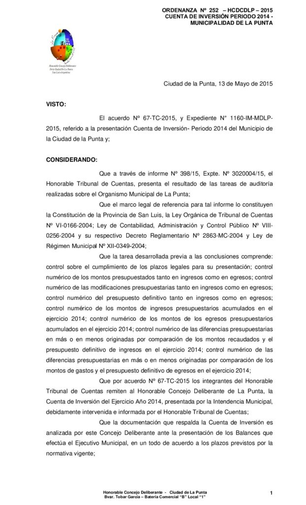 thumbnail of ORDENANZA N° 252- CUENTA DE INVERSIÓN 2014 MUNICIPALIDAD DE LA PUNTA