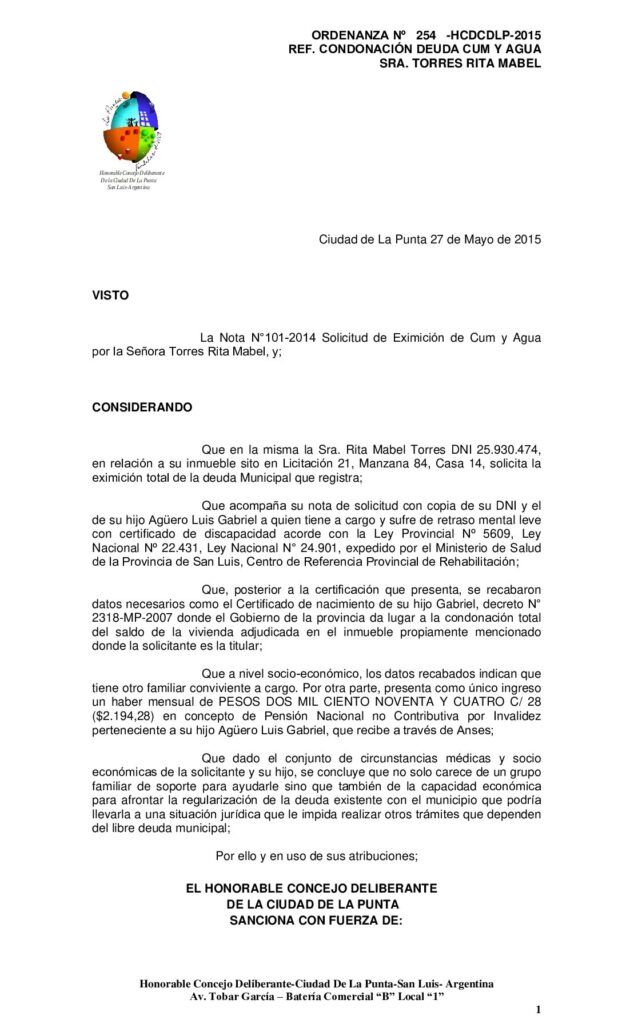 thumbnail of ORDENANZA N° 254- CONDONACION DE DEUDA POR UNICA VEZ- TORRES RITA MABEL