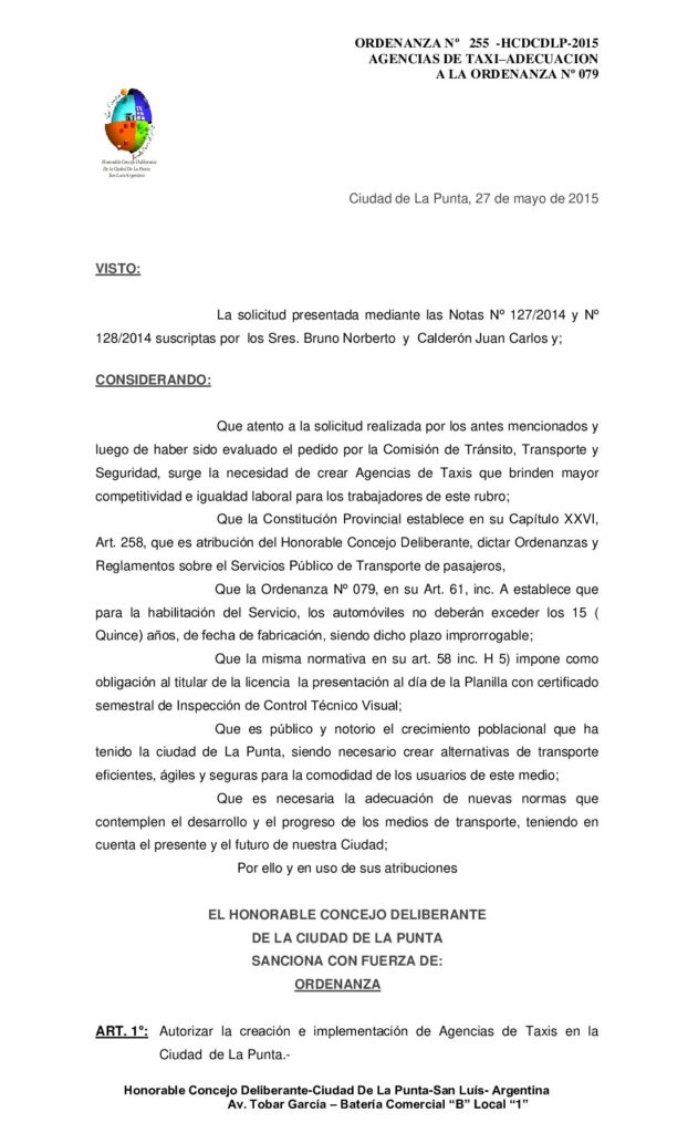 thumbnail of ORDENANZA N° 255 – AGENCIA DE TAXI- ADECUACIÓN ORDENANZA 079 ultima que se mando