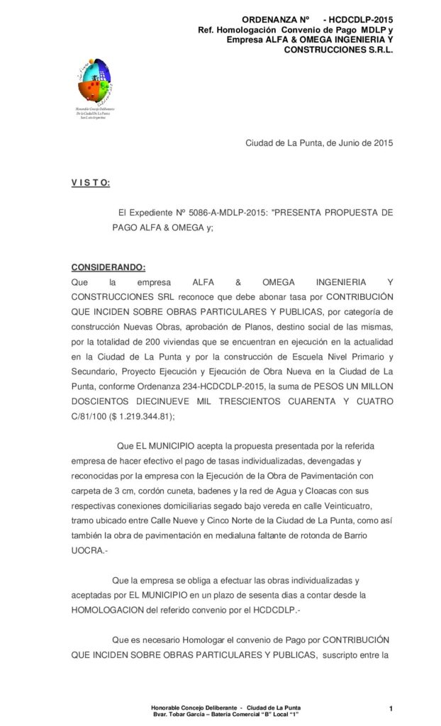thumbnail of ORDENANZA N° 256-HOMOLOGACION Convenio de colaboracion entre el programa protecccion civil y ciudadana y la municipalidad en referente a polideportivo
