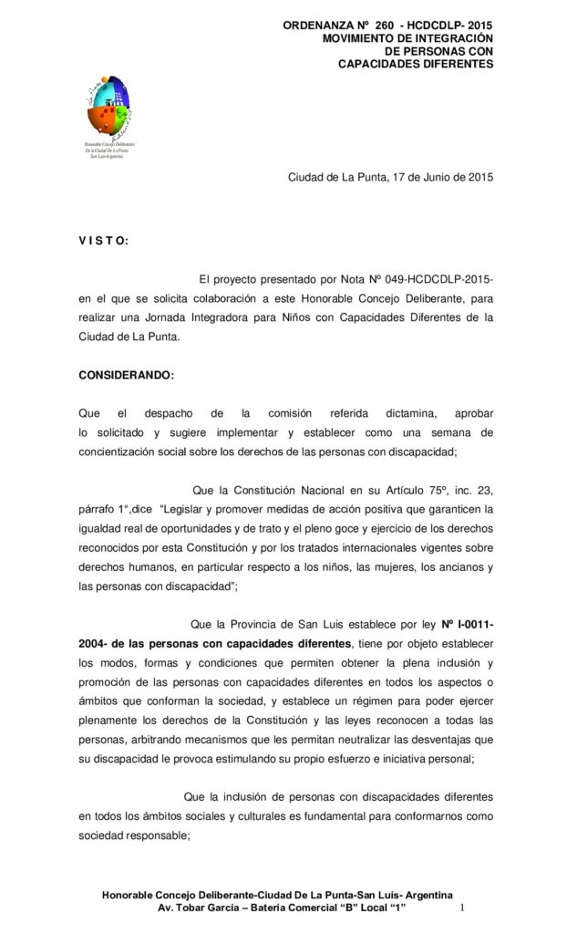 thumbnail of ORDENANZA N° 260- MOVIMIENTO DE INTEGRACION DE PERSONAS CON CAPACIDADES DIFERENTES