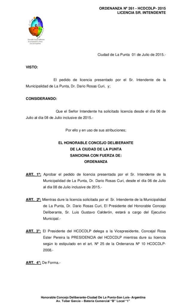 thumbnail of ORDENANZA N° 261- LICENCIA SR. INTENDENTE ( 4to pedido )