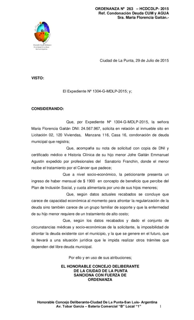 thumbnail of ORDENANZA N° 263 – CONDONACIÓN MARIA FLORENCIA GAITAN