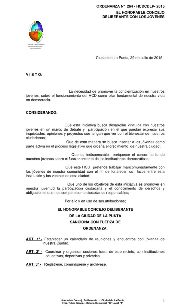 thumbnail of ORDENANZA N° 264 – EL HONORABLE CONCEJO DELIBERANTE CON LOS JOVENES
