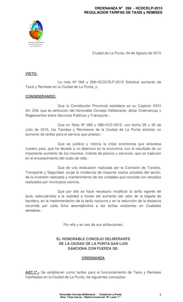 thumbnail of ORDENANZA N° 266 – MODIFICATORIA TARIFA TAXIS -Y REMISES 2015