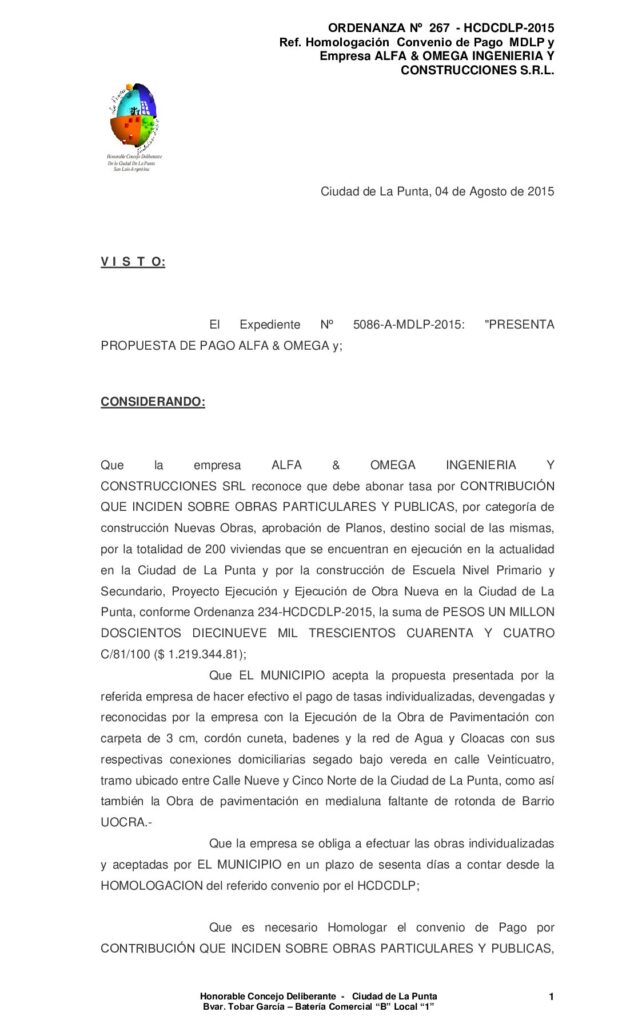 thumbnail of ORDENANZA N° 267 – HOMOLOGACION ALFA & OMEGA