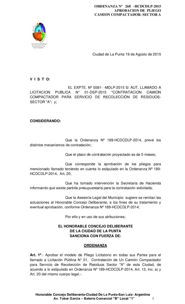 thumbnail of ORDENANZA N° 268 – APROBACION PLIEGO LIC PUBL Nº 01 CAMION COMPACTADOR SECTOR A