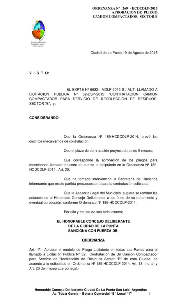 thumbnail of ORDENANZA N° 269 – APROBACION PLIEGO LIC PUBL Nº 02 CAMION COMPACTADOR SECTOR B
