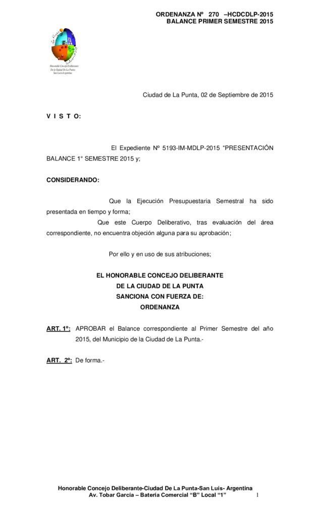 thumbnail of ORDENANZA N° 270 – APROBACION BALANCE PRIMER SEMESTRE AÑO 2015