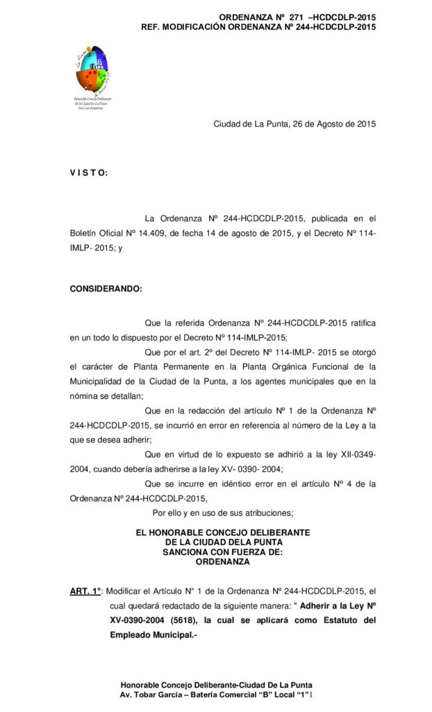 thumbnail of ORDENANZA N° 271 – MODIFICATORIA PLANTA PERMANENTE DEFINITIVA- MANDADA POR ULTIMA VEZ
