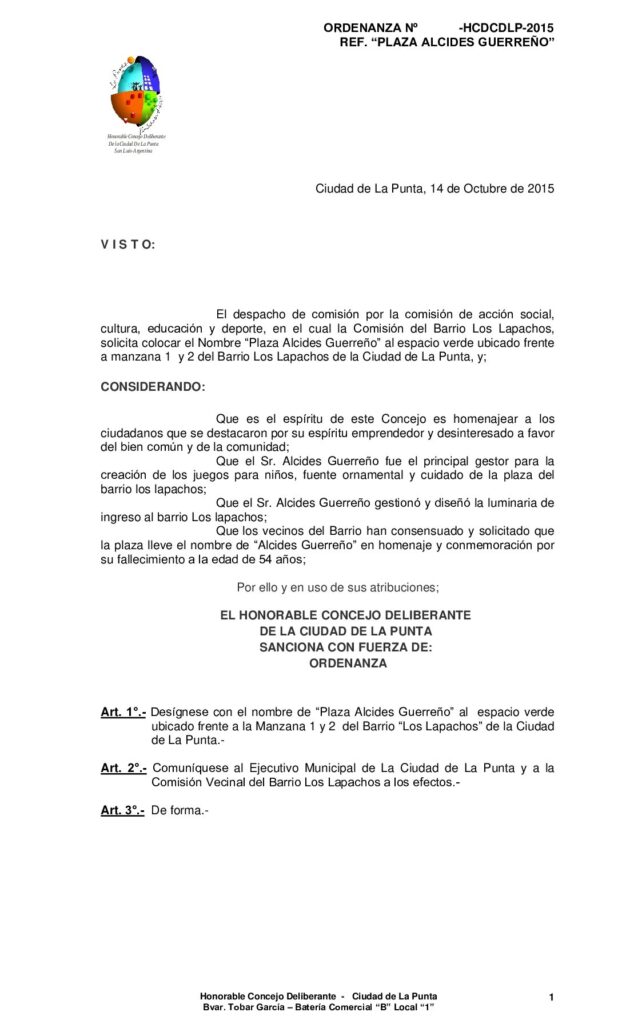 thumbnail of ORDENANZA N° 273 – PLAZA DON ALCIDES GUERREÑO