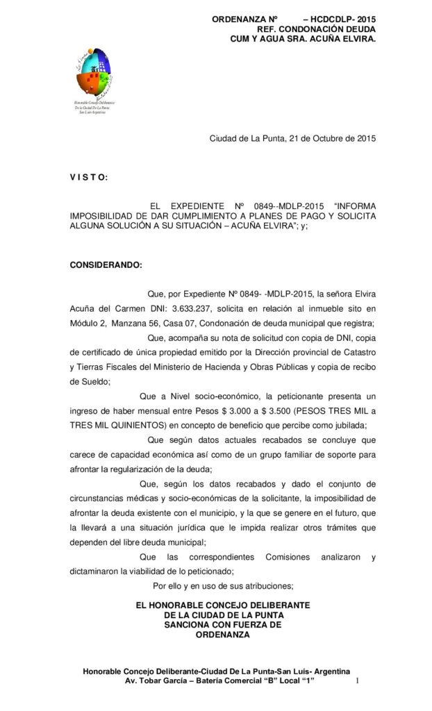 thumbnail of ORDENANZA N° 274 – CONDONACIÓN ACUÑA ELVIRA
