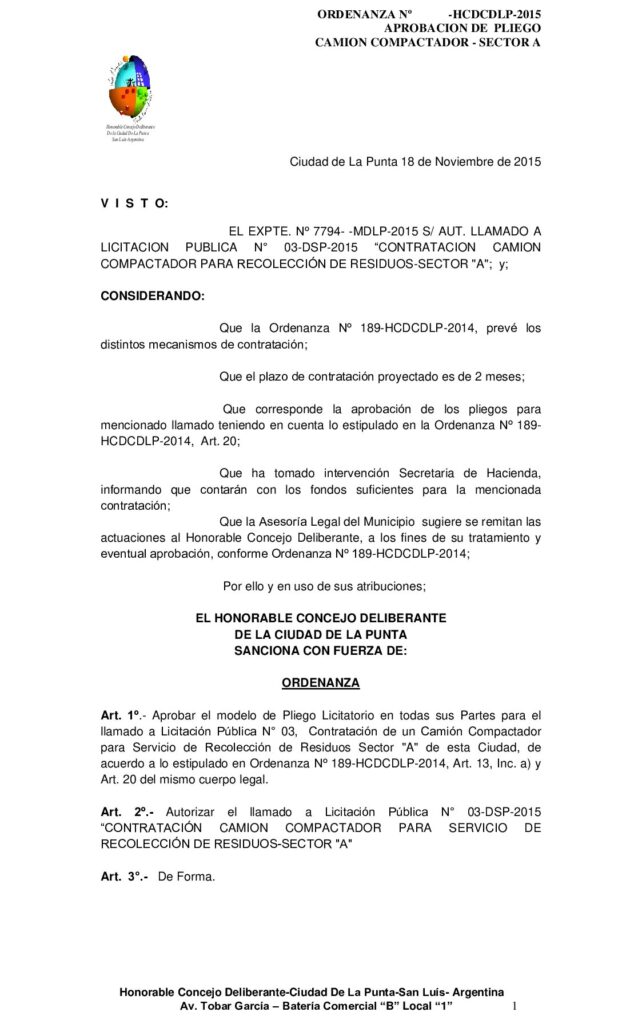 thumbnail of ORDENANZA N° 275 – APROBACION PLIEGO LIC PUBL Nº 03 CAMION COMPACTADOR SECTOR A