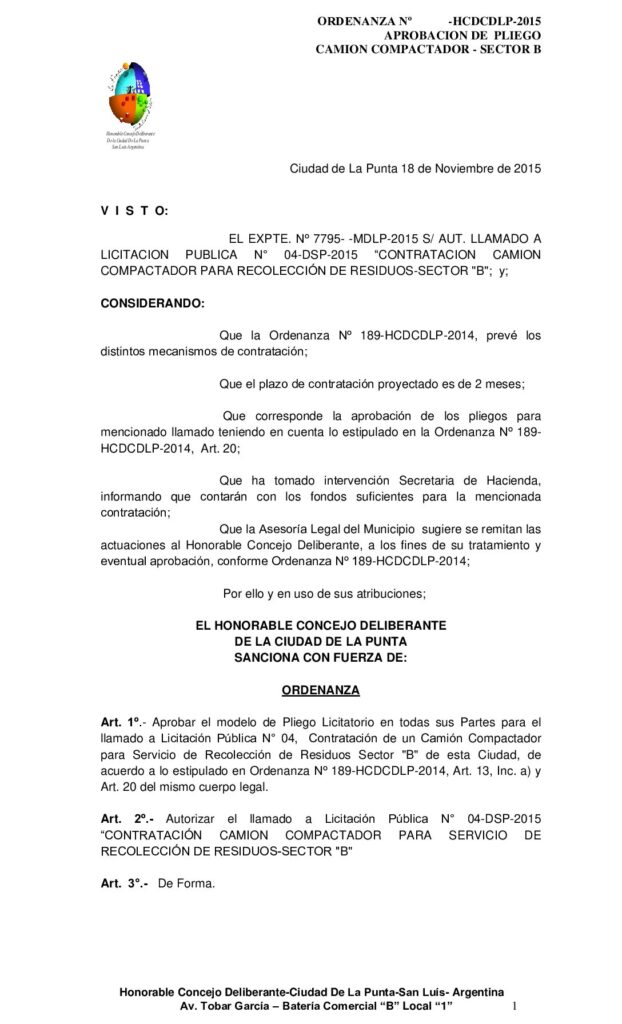 thumbnail of ORDENANZA N° 276 – APROBACION PLIEGO LIC PUBL Nº 04 CAMION COMPACTADOR SECTOR B