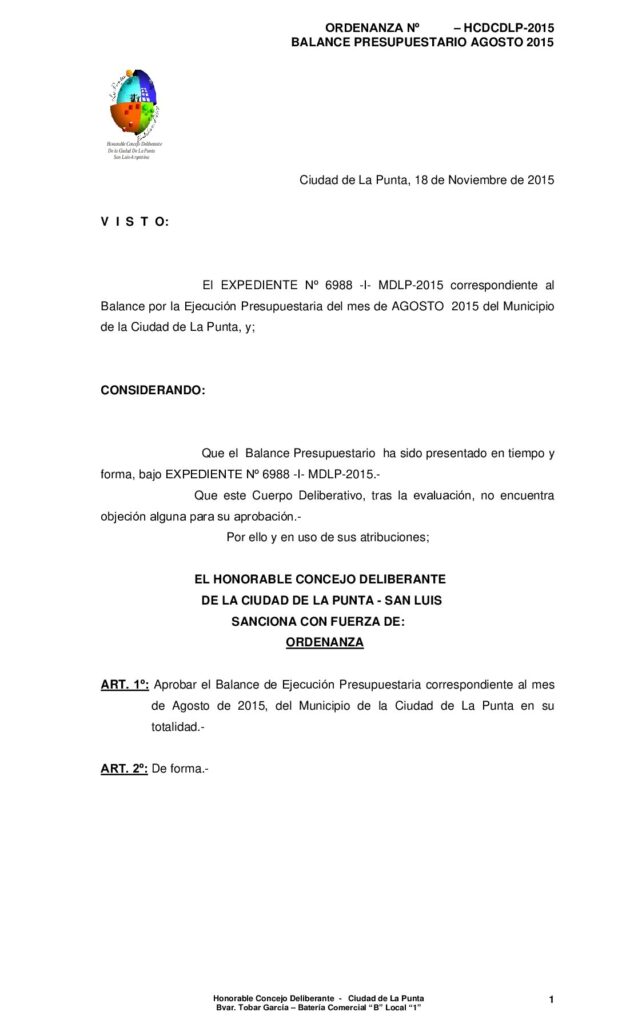 thumbnail of ORDENANZA N° 279 – BALANCE MES AGOSTO 2015