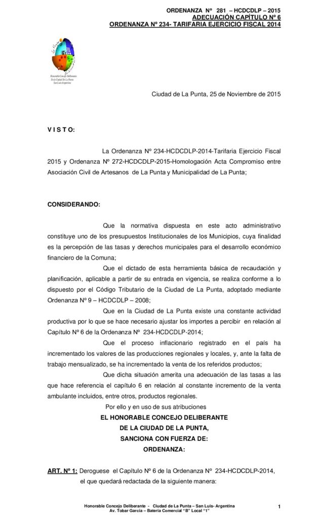 thumbnail of ORDENANZA N° 281- ADECUACIÓN CAPÍTULO Nº 6 DE LA ODENANZA Nº 234-HCDCDLP-LA ULTIMA QUE SE MANDA EN EL MES DE NOVIEMBRE