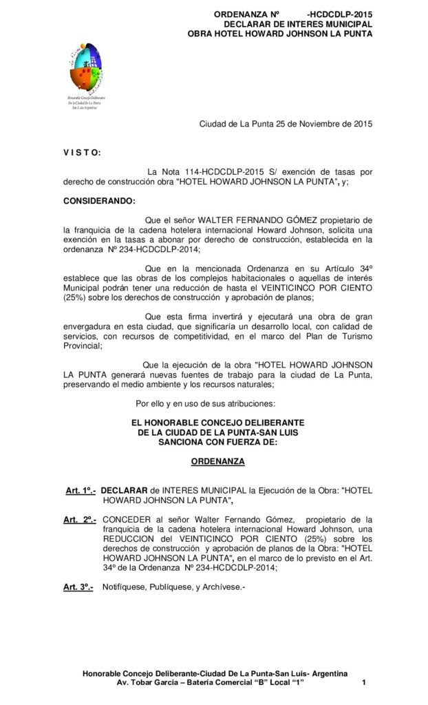 thumbnail of ORDENANZA N° 283 – DECLARAR DE INTERES MUNICIPAL HOTEL HOWARD JOHNSON LA PUNTA Y REDUCCION DEL 25 POR CIENTO DERECHO DE CONSTRUCCION