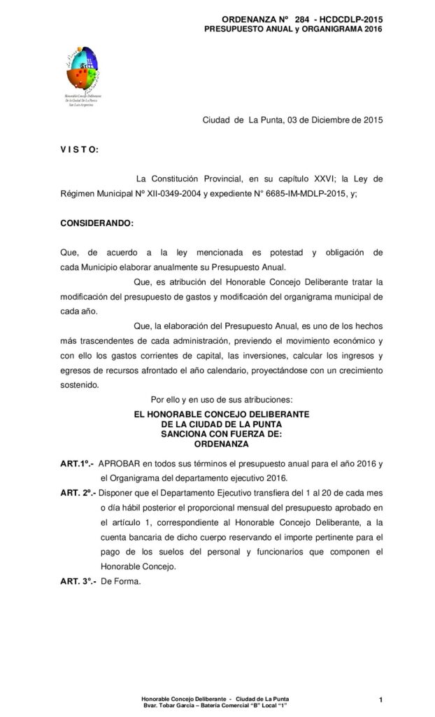 thumbnail of ORDENANZA N° 284- PRESUPUESTO 2016