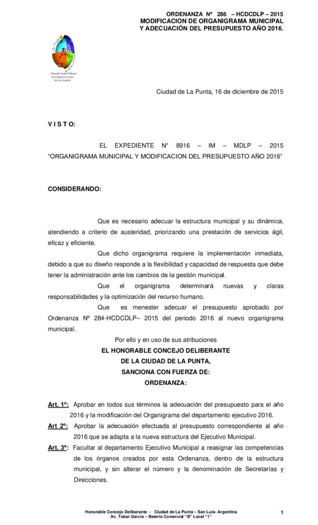 thumbnail of ORDENANZA N° 286- MODIFICACIÓN ORGANIGRAMA 2016 Y ADECUACION PRESUPUESTO 2016