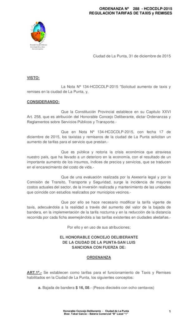 thumbnail of ORDENANZA N° 288 – MODIFICATORIA TARIFA DE TAXIS Y REMISES 2015- MES DICIEMBRE- 2DA DEL AÑO