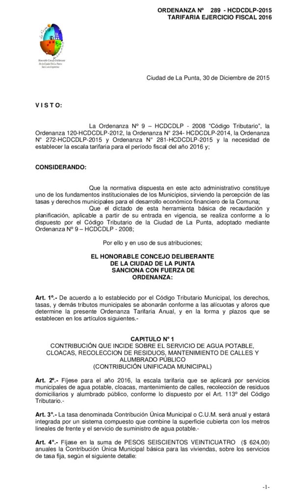thumbnail of ORDENANZA N° 289 – TARIFARIA EJERCICIO FISCAL 2016-