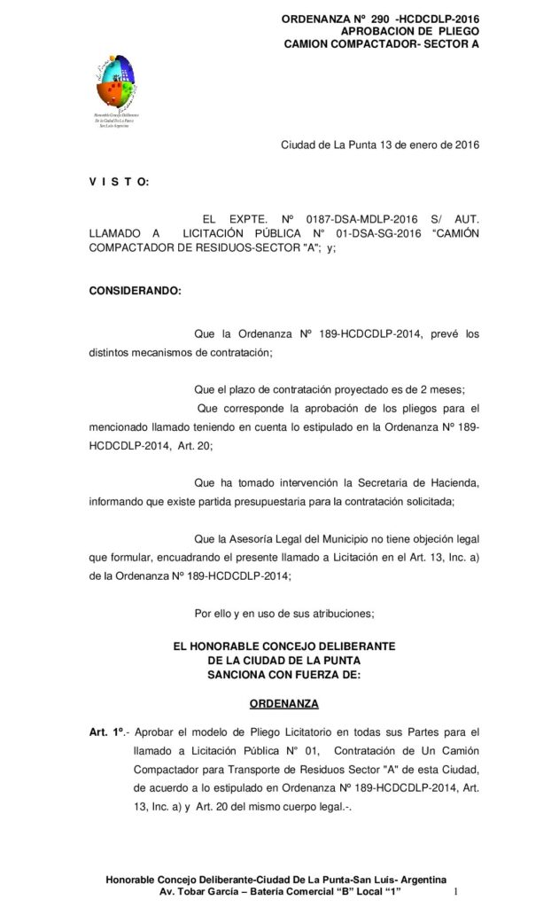 thumbnail of ORDENANZA N° 290 – APROBACION PLIEGO LIC PUBL Nº 01 CAMION COMPACTADOR SECTOR A