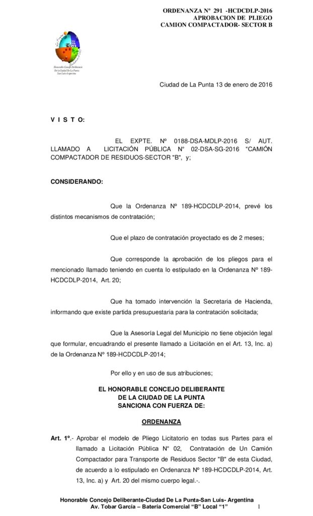 thumbnail of ORDENANZA N° 291 – APROBACION PLIEGO LIC PUBL Nº 02 CAMION COMPACTADOR SECTOR B
