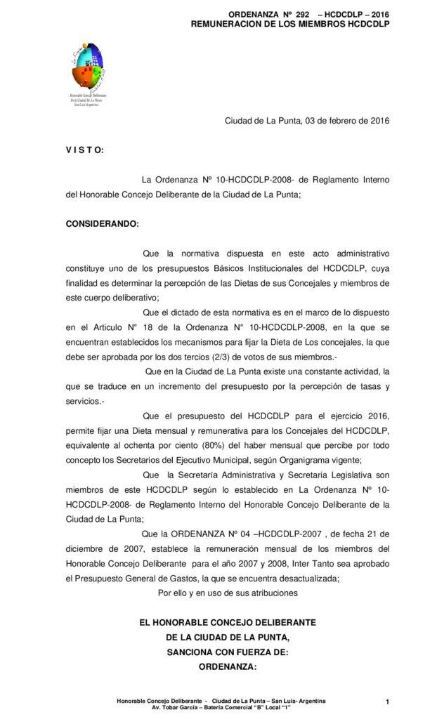 thumbnail of ORDENANZA N° 292 – REMUNERACIÓN DE LOS MIEMBROS DEL HCD