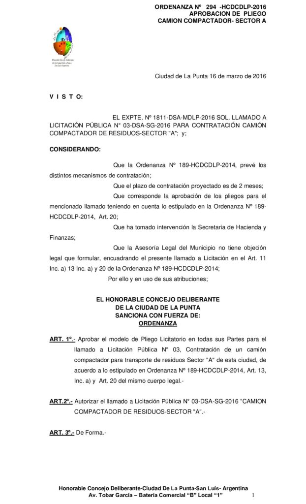 thumbnail of ORDENANZA N° 294- APROBACION PLIEGO LIC PUBL Nº 03 CAMION COMPACTADOR SECTOR A