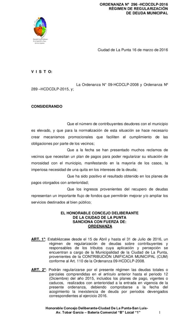 thumbnail of ORDENANZA N° 296 – REGIMEN DE REGULARIZACION DE DEUDAS MUNICIPAL