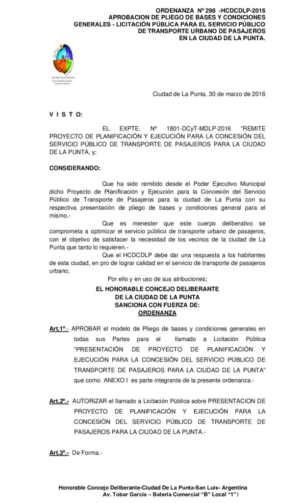 thumbnail of ORDENANZA N° 298 – APROBACION PLIEGO SOBRE SERVICIO PUBLICO DE TRANSPORTE DE PASAJEROS PARA LA CIUDAD DE LA PUNTA