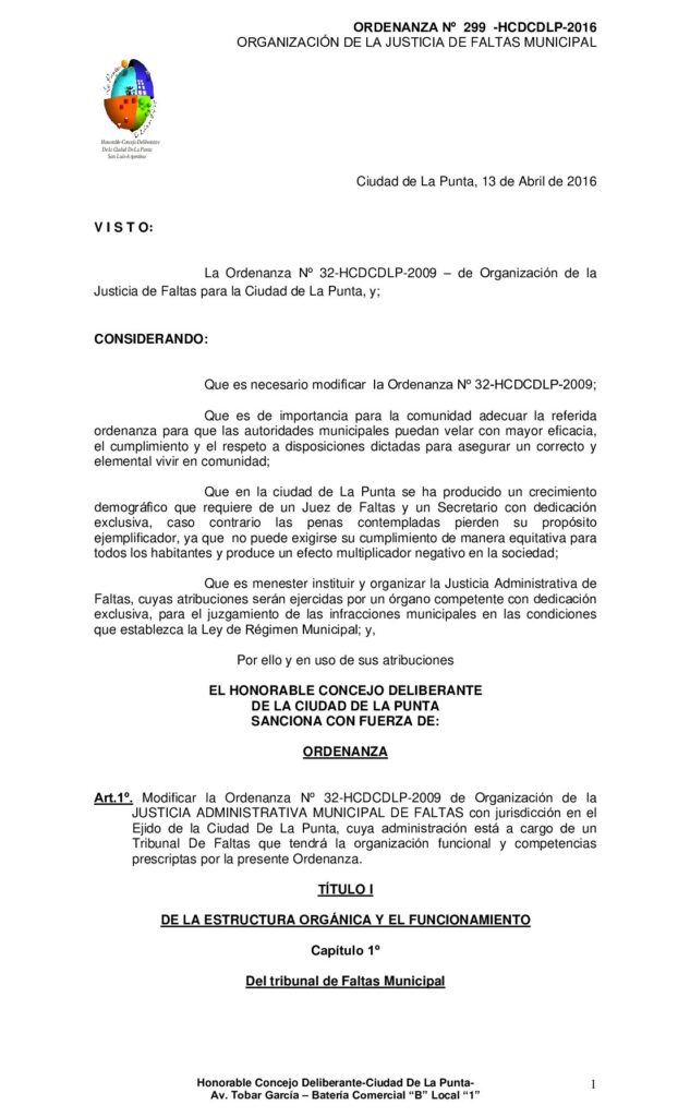thumbnail of ORDENANZA N° 299 – ORGANIZACIÓN DE LA JUSTICIA DE FALTAS MUNICIPAL- Modificatoria de ordenanza 32