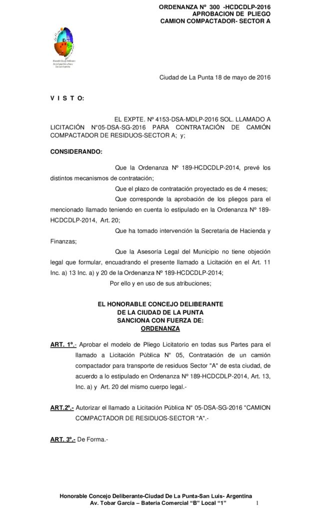 thumbnail of ORDENANZA N° 300 – APROBACION PLIEGO LIC PUBL Nº 05 CAMION COMPACTADOR SECTOR A