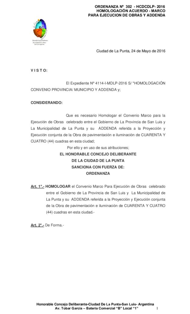 thumbnail of ORDENANZA N° 302 – HOMOLOGACION ACUERDO- MARCO PARA EJECUCIÓN DE OBRAS Y ADDENDA