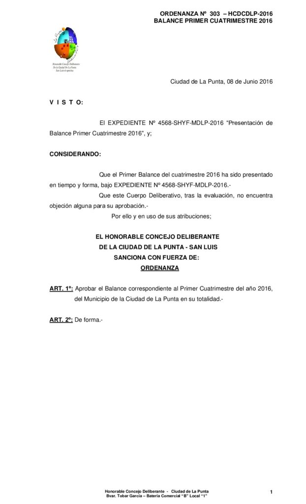 thumbnail of ORDENANZA N° 303 – APROBACION BALANCE PRIMER CUATRIMESTRE 2016