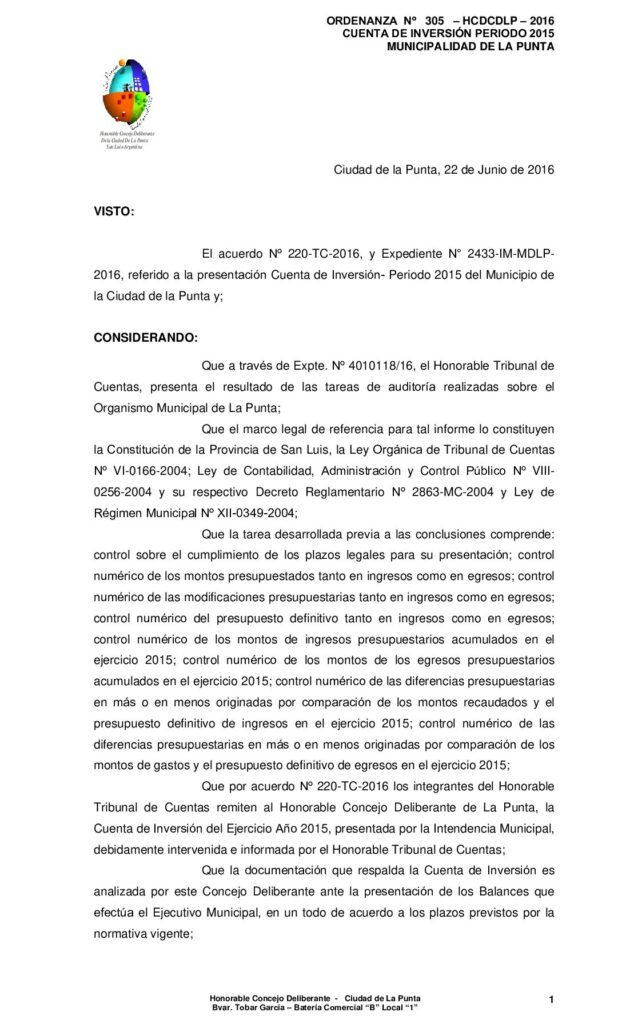 thumbnail of ORDENANZA N° 305 – CUENTA DE INVERSIÓN 2015 – MUNICIPALIDAD DE LA PUNTA