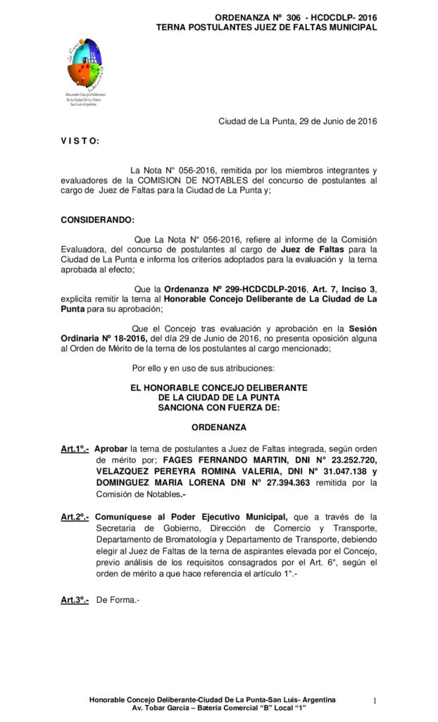 thumbnail of ORDENANZA N° 306 – APROBACION TERNA JUEZ DE FALTAS